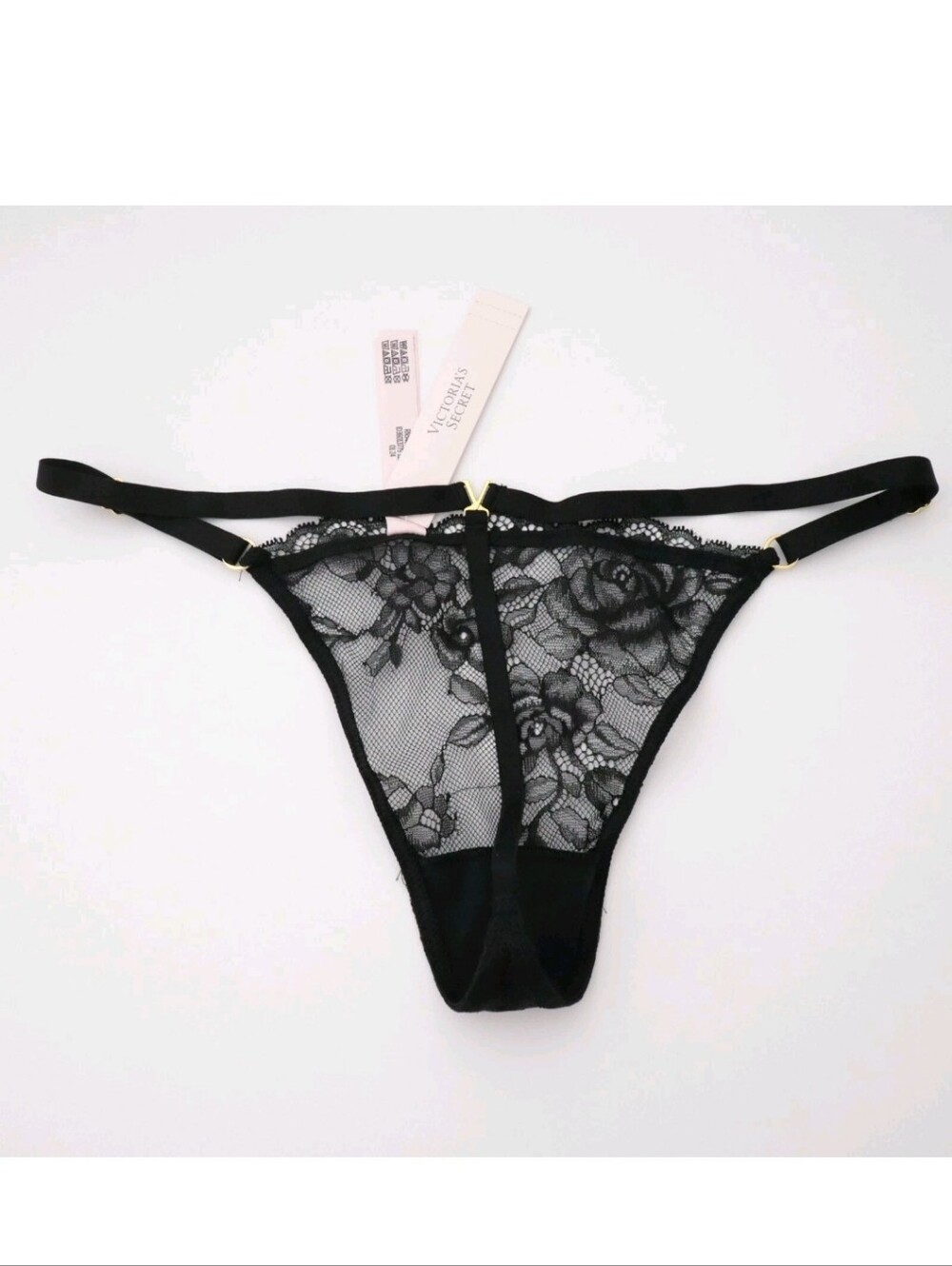 Victoria's Secret Very Sexy Rose Lace Adjustable Black V-string Panty MEDIUM